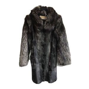 Michael Kors Fox Fur Coat Women M 18x36 Black Brown Gray button up pockets Lined